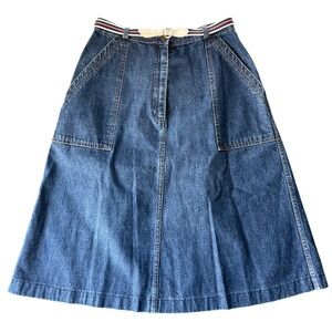 Pierre Cardin Denim A Line Skirt Size 11 12 Blue High Waist Midi Pockets Vintage